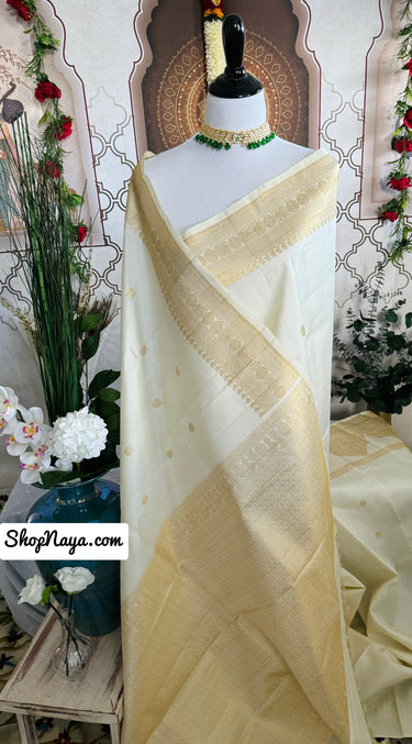 Exclusive Kanchipuram Pure Silk Saree | Off White | Ven Pattu | Pure Zari | Handwoven | Ships from California | Pushpam - ShopNaya Exclusive